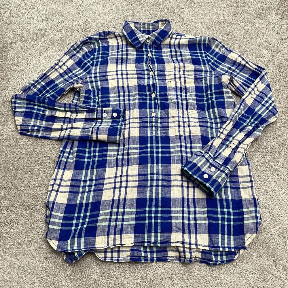 J.Crew Shirt Womens XXS Blue White Plaid Half Button Up Long Sleeve Cotton Top